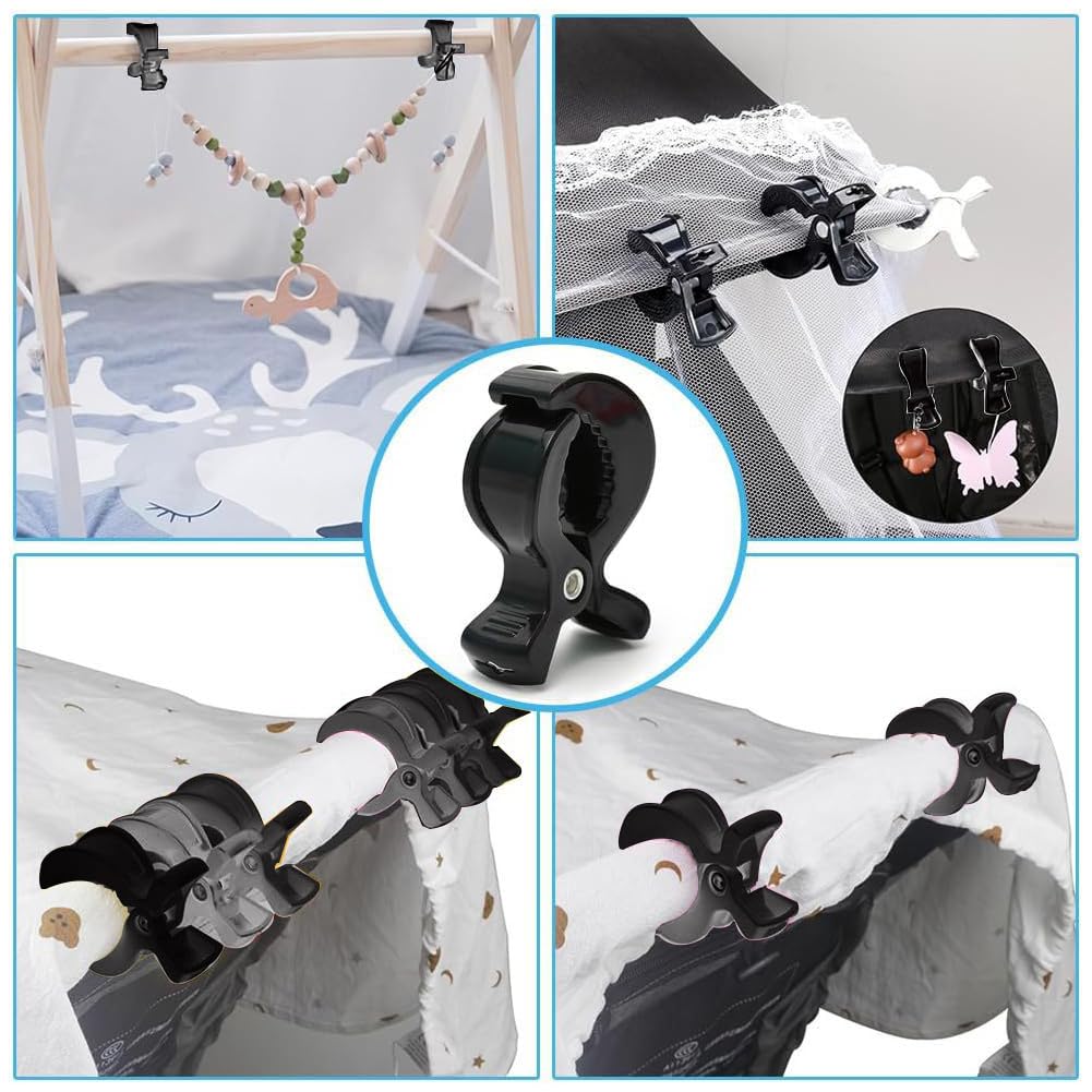 10 Attaches Poussette Universelles - Pince ABS Avec Ressort - Pour Couvertures, Jouets - Noir