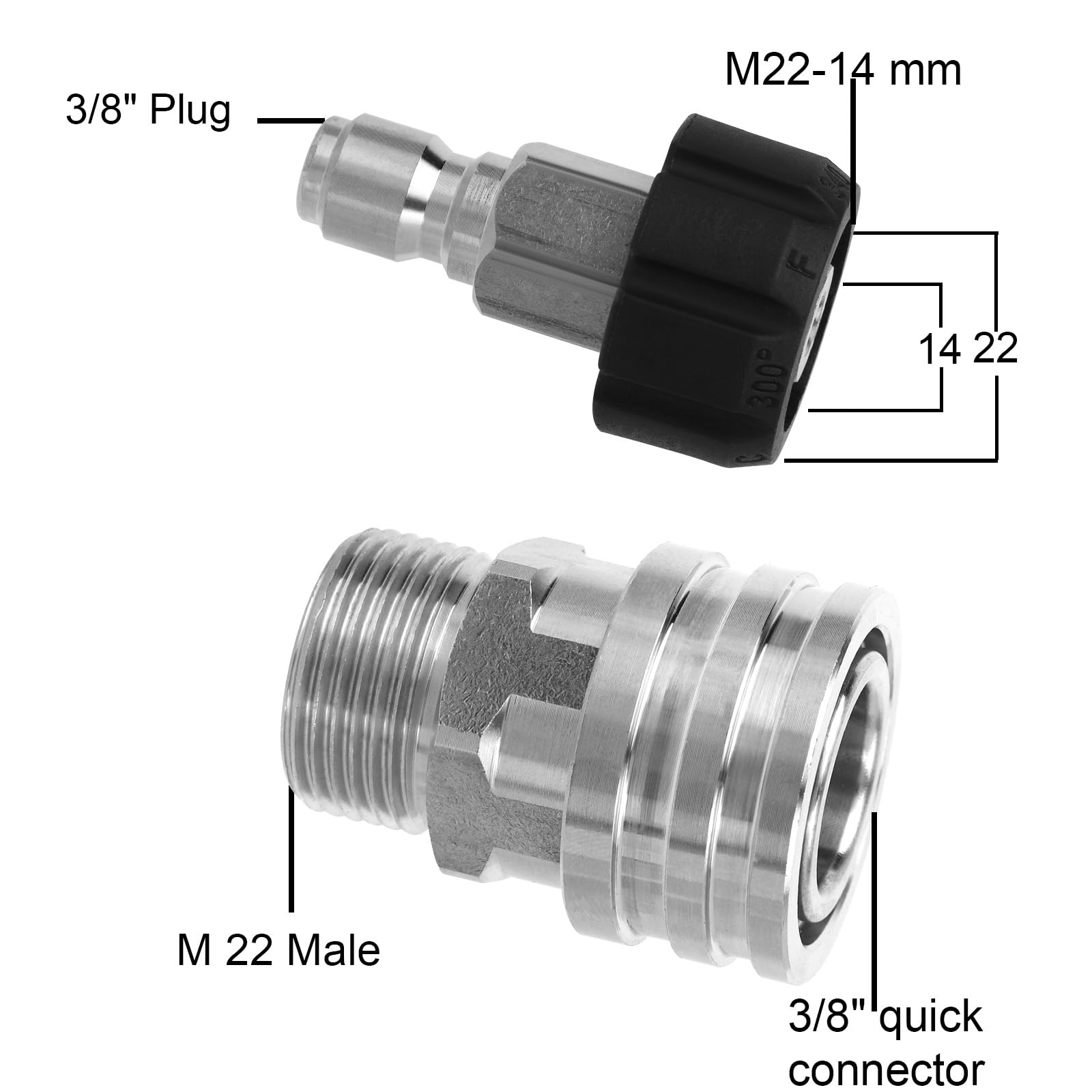 lasuroa 8 Częściowy Zestaw Adapterów do Myjek Ciśnieniowych, Szybkozłącze M22 14 mm do 3/8" ze Stali Nierdzewnej i PP Myjek Ciśnieniowych