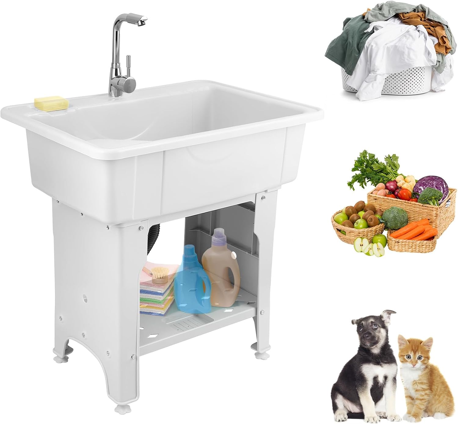 Freestanding Utility Tub Sink, Plastic Laundry Sink with Hot Cold Faucet & Removable Washboard, Portable Hand Wash Station Outdoor Washing Basin Laundry Room Sinks for Home Garage (White)