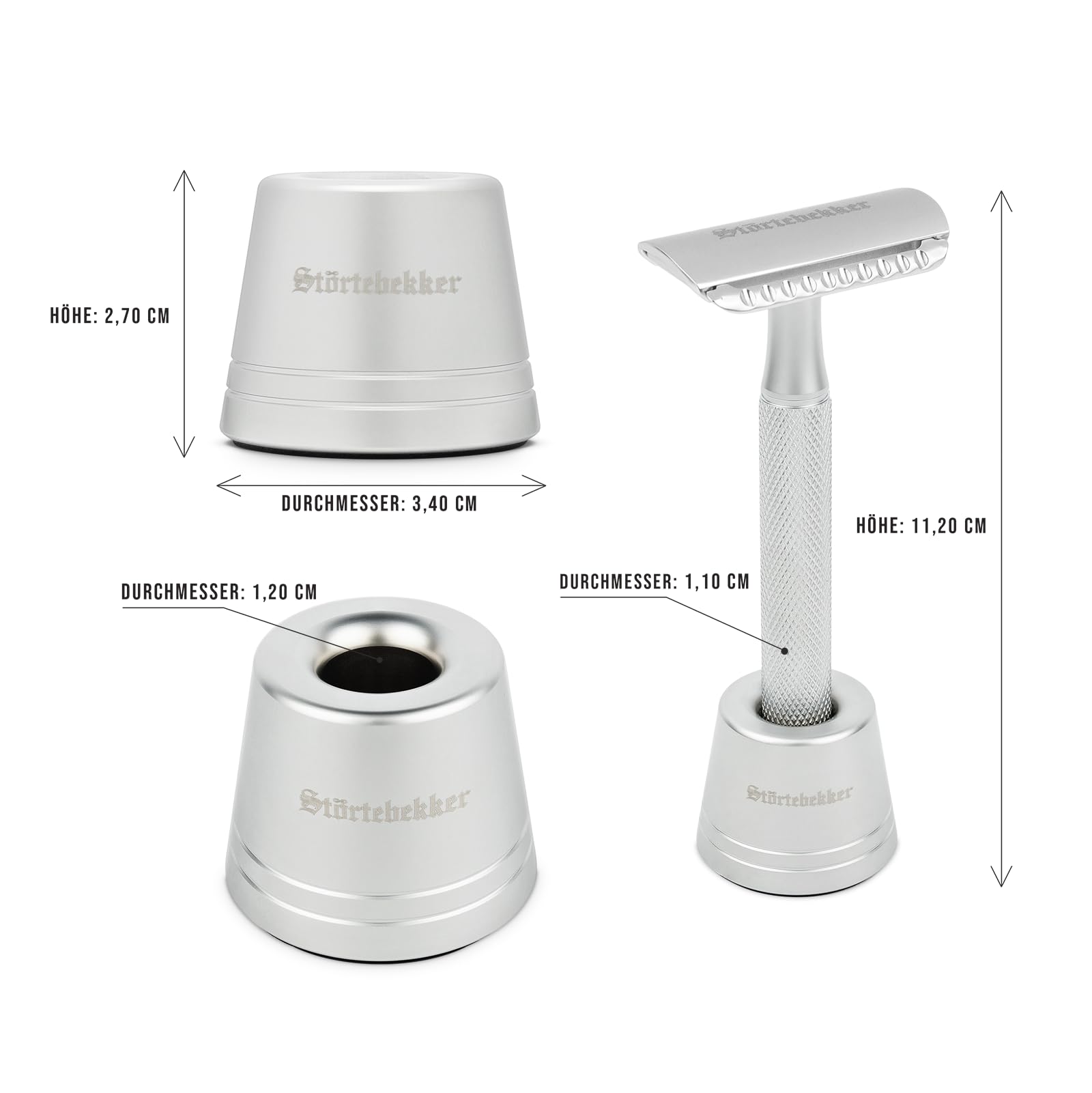Störtebekker® Premium Rasierhobel 'Oslo' im Set mit Störtebekker Premium Rasierständer 'Oslo' in Silber - Edle matte Optik, rutschfester Griff, massiver Stand - Rasierset Herren - Geschenkidee