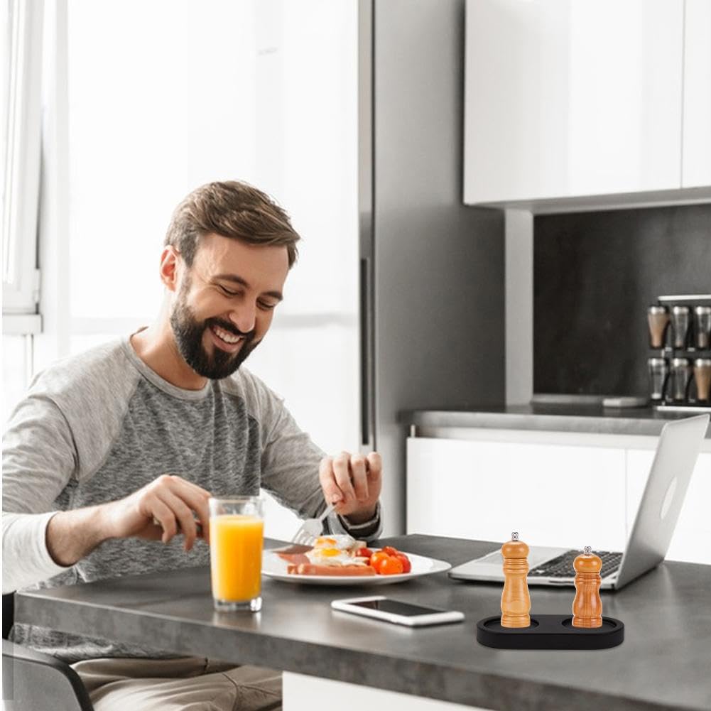 Molinillo de pimienta negra, soporte de madera, molinillo de sal y pimienta, bandeja de madera para comedor con 2 cepillos de limpieza de 5.51 x 2.78 pulgadas, protector de mesa para 2 5