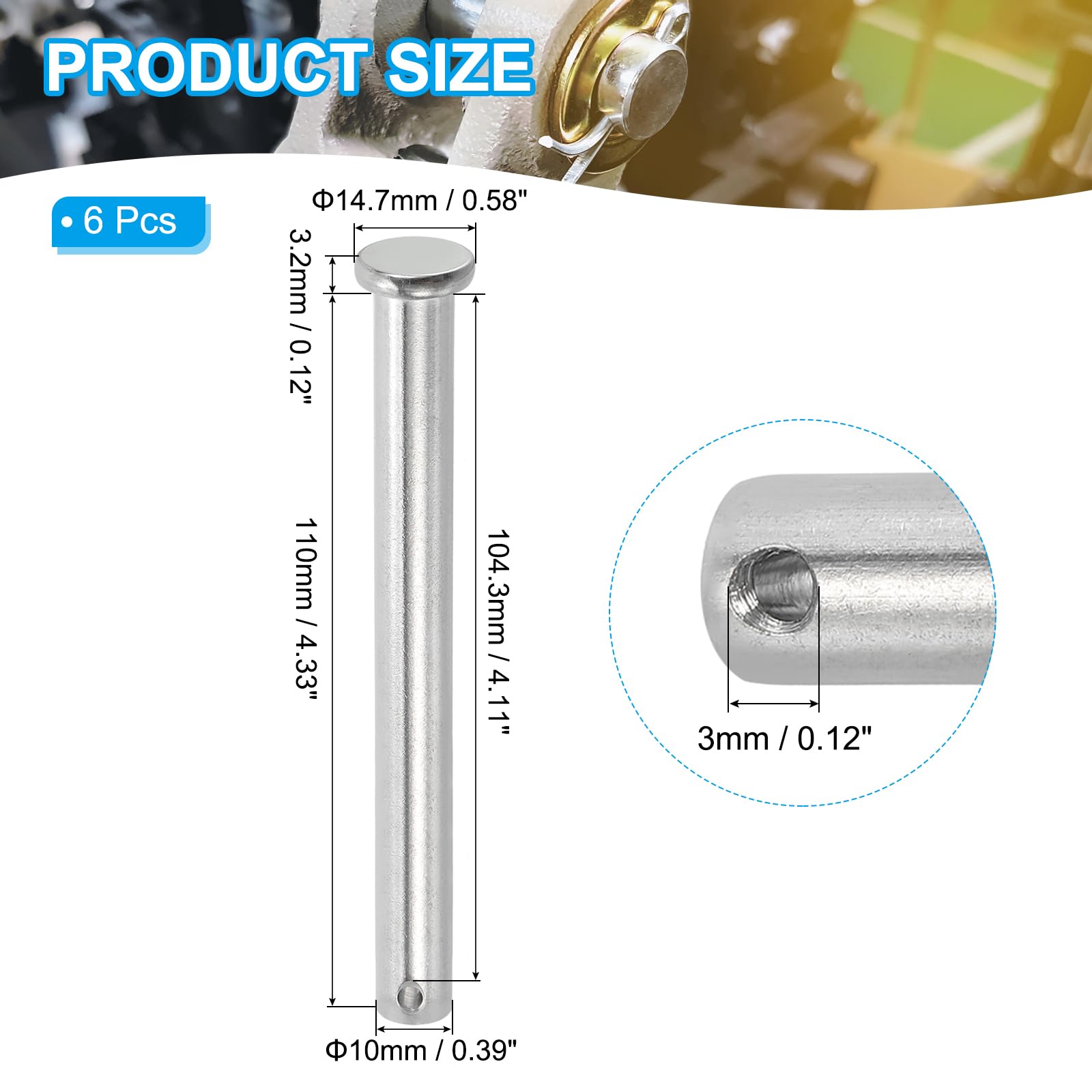 PATIKIL 10 x 110 Mm Single Hole Clevis Pins, 6 Pcs 304 Stainless Steel Flat Head Pin for Hitch Pin Lock Link Hinge Systems Silver - Image 2
