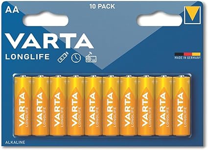 La Varta Pila Longlife Power AA Mignon LR06 es un paquete de 10 pilas alcalinas de alta calidad, fabricadas en Alemania. Con una durabilidad de 10 años, son ideales para juguetes, linternas, mandos y otros dispositivos que funcionan con pilas. Certificadas según normas internacionales, ofrecen un rendimiento constante y duradero en una amplia variedad de aparatos electrónicos.