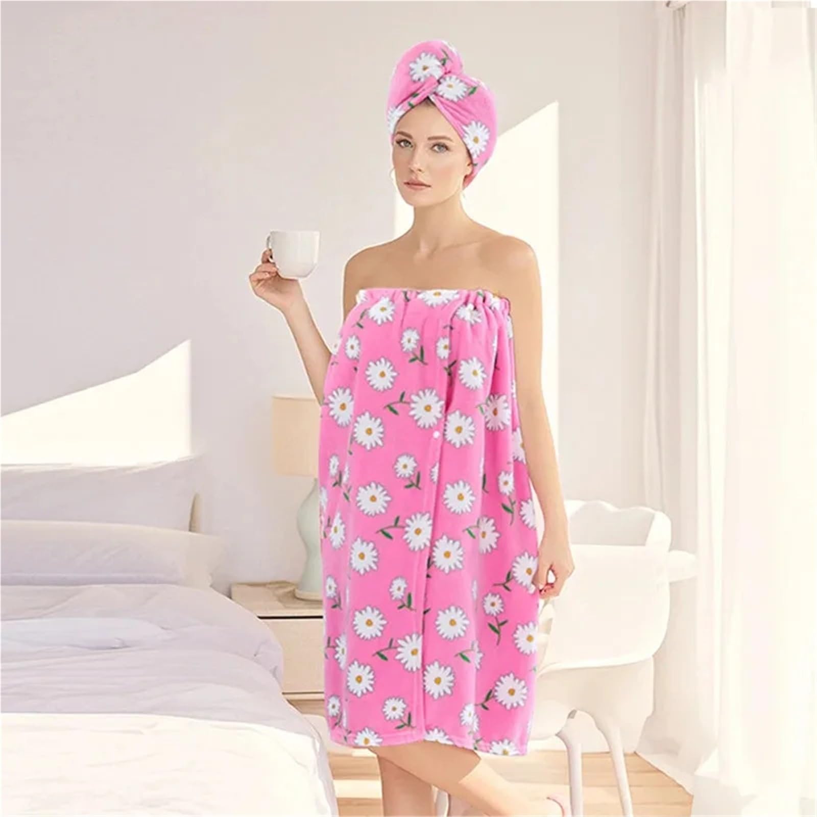 Handtuchkleid 2-teiliges Set, Haarwickel, Baderock, Gänseblümchen-Stil, tragbares Handtuch, weich, saugfähig, schnell trocknend