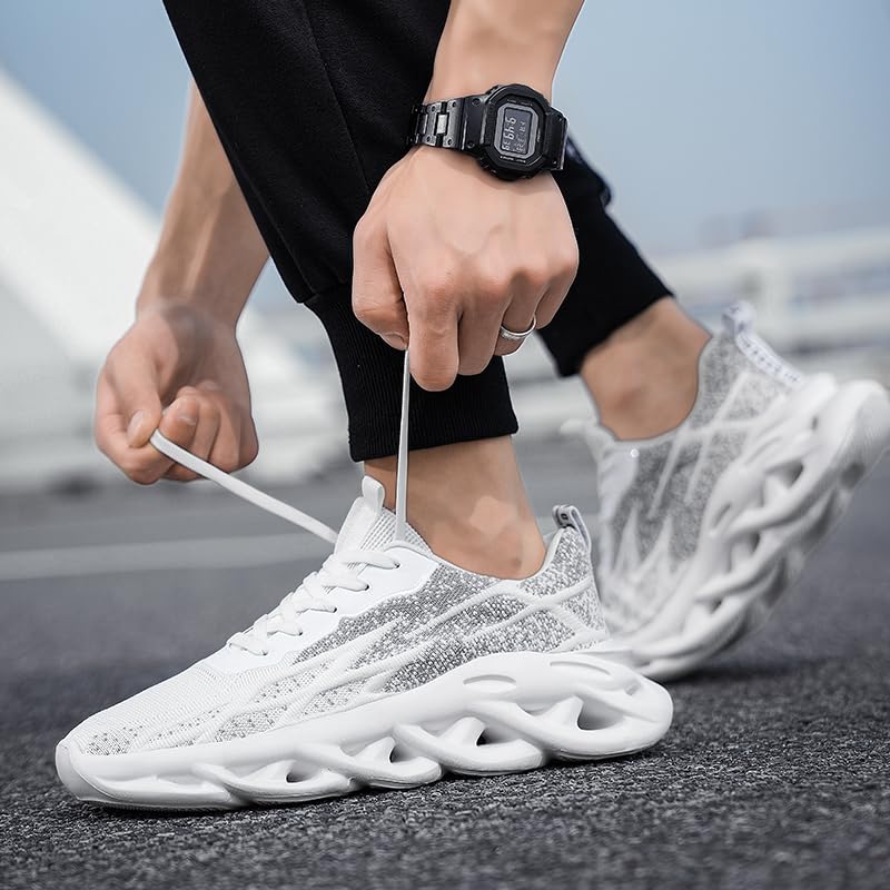 Image of DLWKIPV Mens Running Shoes Tennis Slip on Sneakers Walking Sports Gym Athletic Workout Non Slip Work Shoes Casual Lightweight Soft Fashion Trainers White Size 8.5