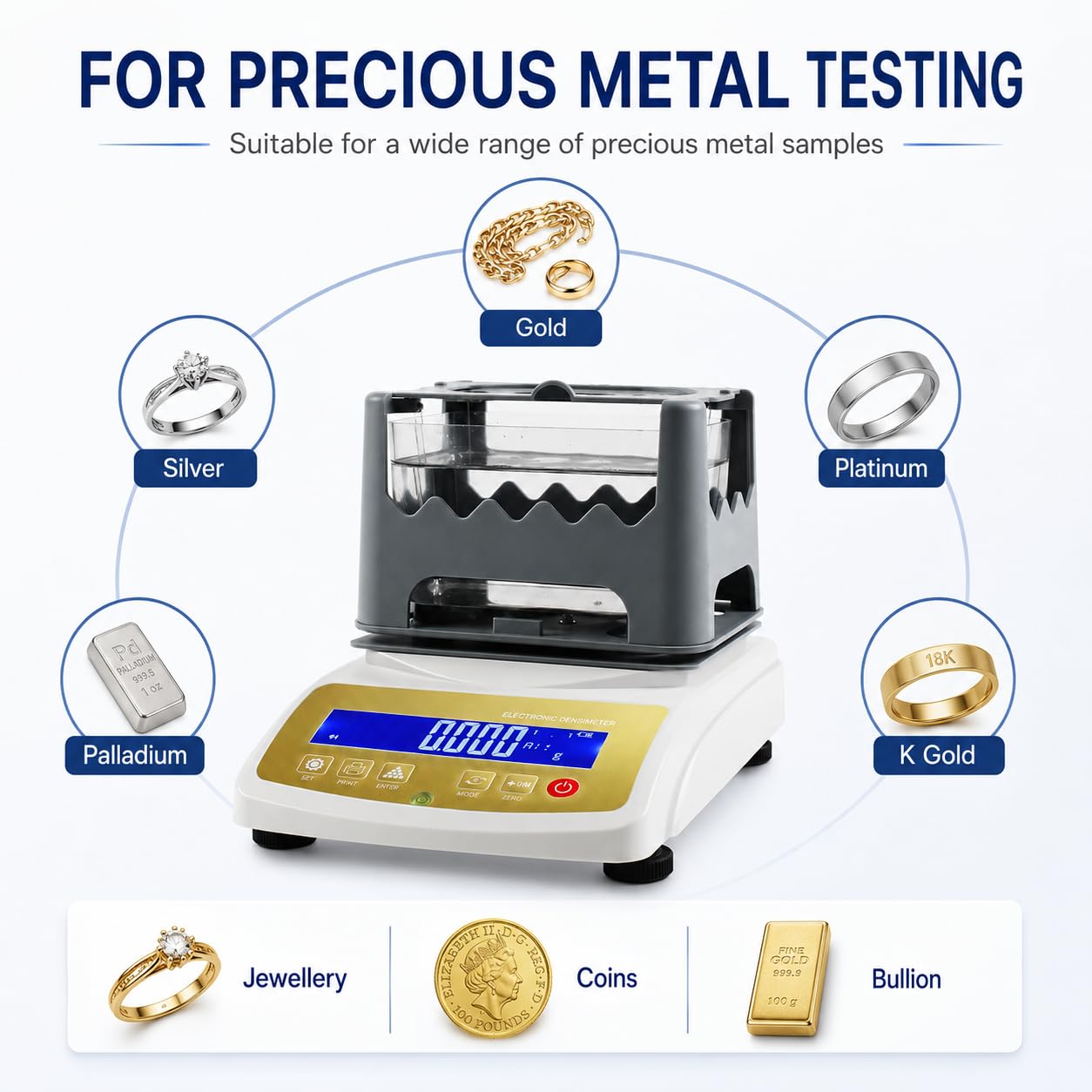 Digitaler Goldtester, Edelmetall-Dichte-Analysegerät für Schmuck, 300 g/600 g/1200 g Kapazität, zerstörungsfreie Reinheit und K-Wertanzeige für Bankpfandlabor