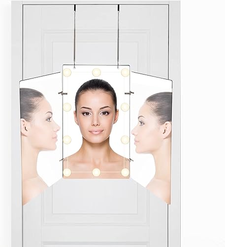 FOLOMILO Espejo de 3 vías para corte de cabello con luz LED espejo de peluquero autocortado 360 portátil recargable LED transparente parte trasera y