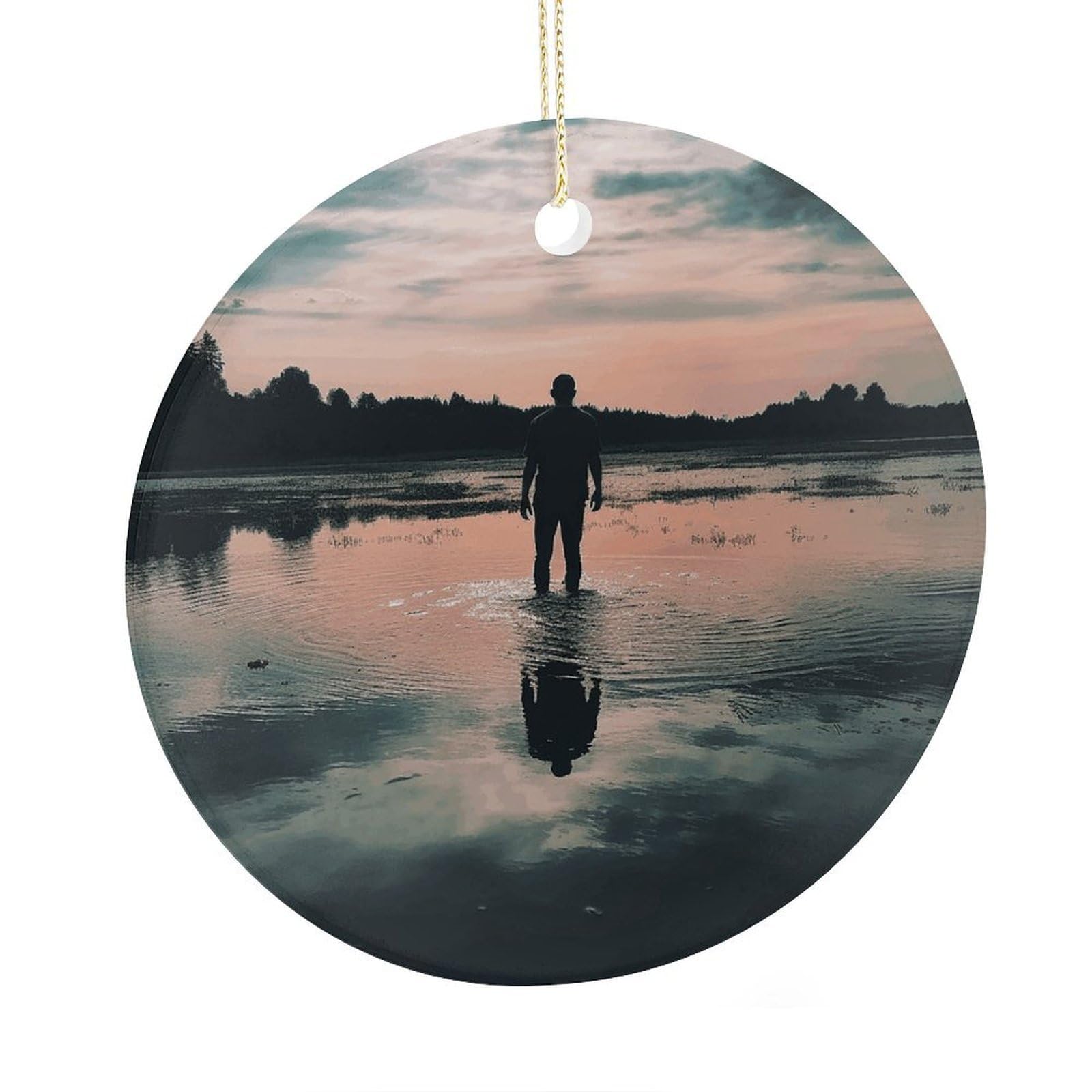 Adfgyerh Style Standing In The Lake Ceramic Circular Pendant,2.9 Inch，Hanging Ornament，Gift Exchange Idea Round Ceramic Ornament,For Mom And Daughter，For Home Indoor Outdoor Decor.