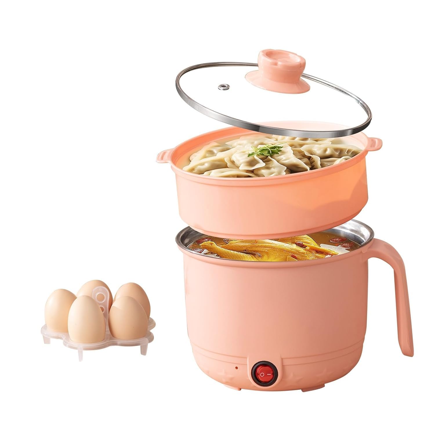 1.5L Electric Multi Cooker Cooking Pot with Steamer Basket & Egg Tray, Stainless Steel Inner, Fast Heating for Boil, Steam, Fry for Milk, Water, Eggs, Tea, Soup, Coffee, Travel & Hostel (Peach)
