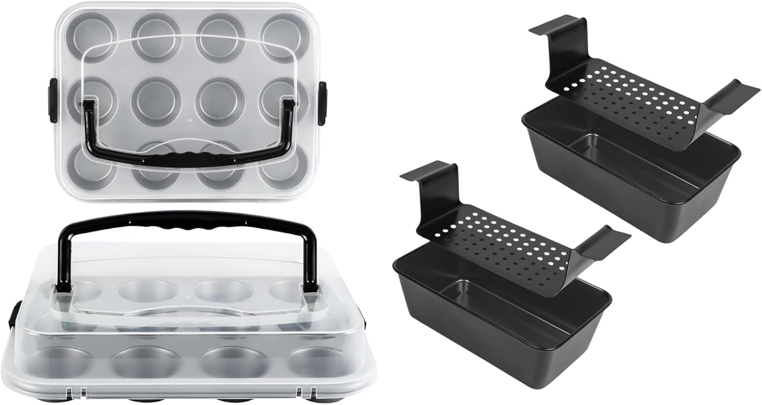 2-Pack 12-Cup Muffin Pan with lid|2-Pack Premium 5-Layer PTFE Non-Stick Meat Loaf Pan Set with Drip Trays