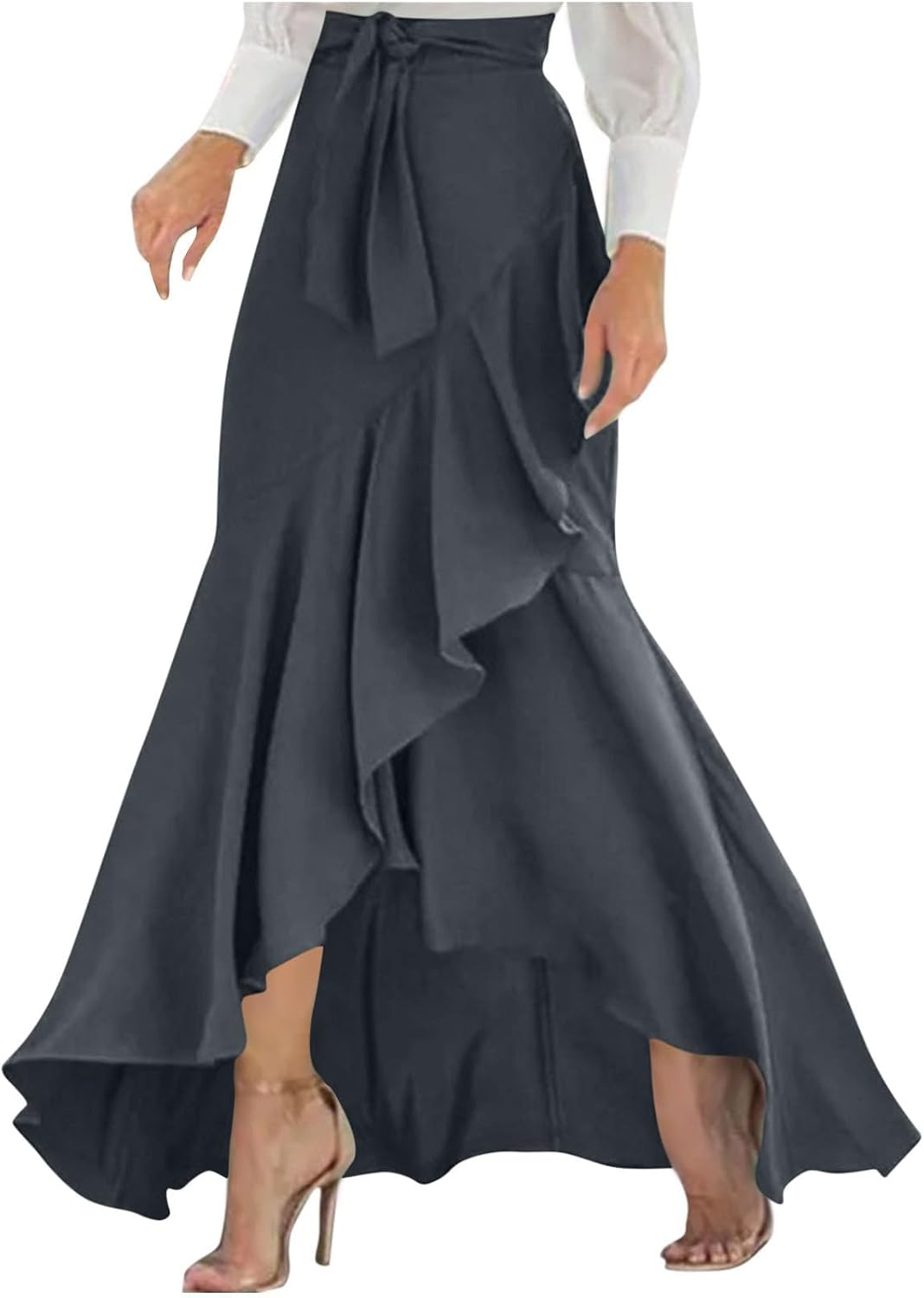 Womens Maxi High Waisted Skirt Dressy Elegant Belted Flowy A-Line Front Split Ruffle Hem Beach Party Long Skirts