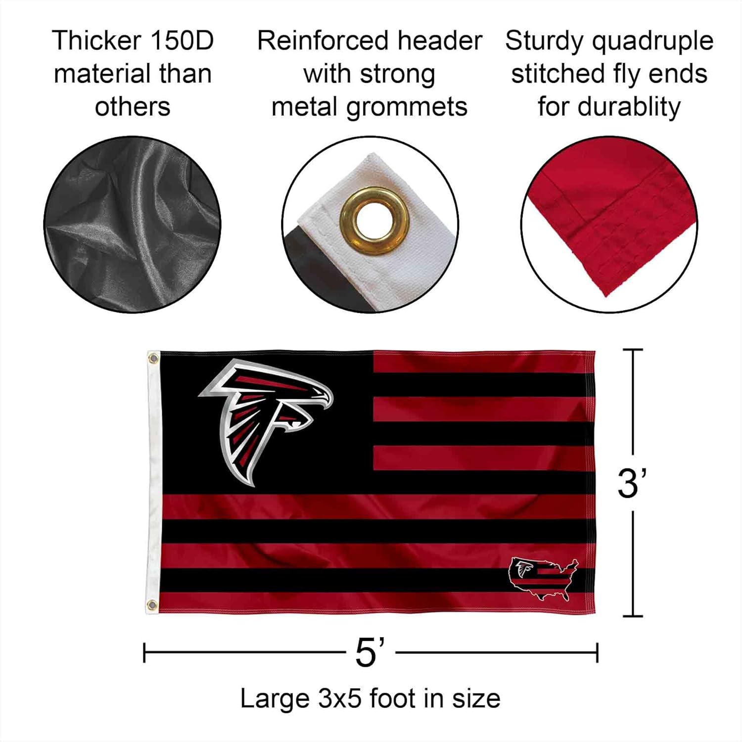 Atlanta Falcons USA American Nation Stripes 3x5 Grommet Flag - Image 2