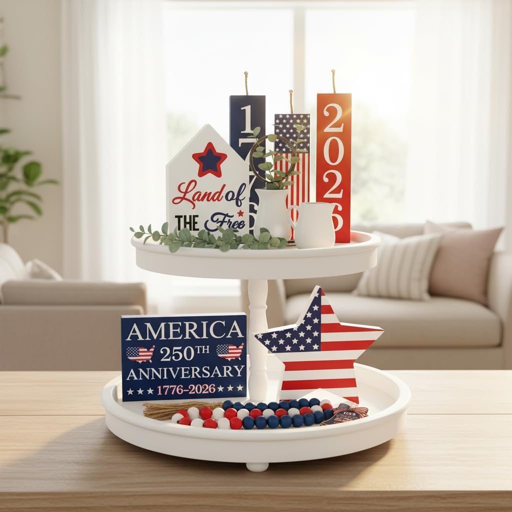 4th of July Tiered Tray Decor Set Patriotic Decorations American 250th Anniversary Table Centerpiece USA Flag Star Red White and Blue Wooden Block Independence Memorial Day Indoor Home Party, 7Pcs