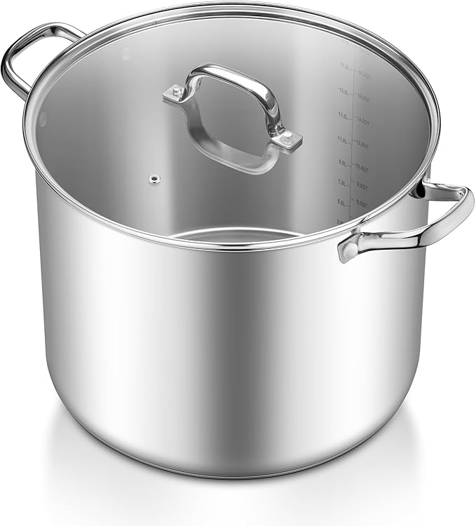 TeamFar 20-quart stainless steel stock pot with glass lid on a stove