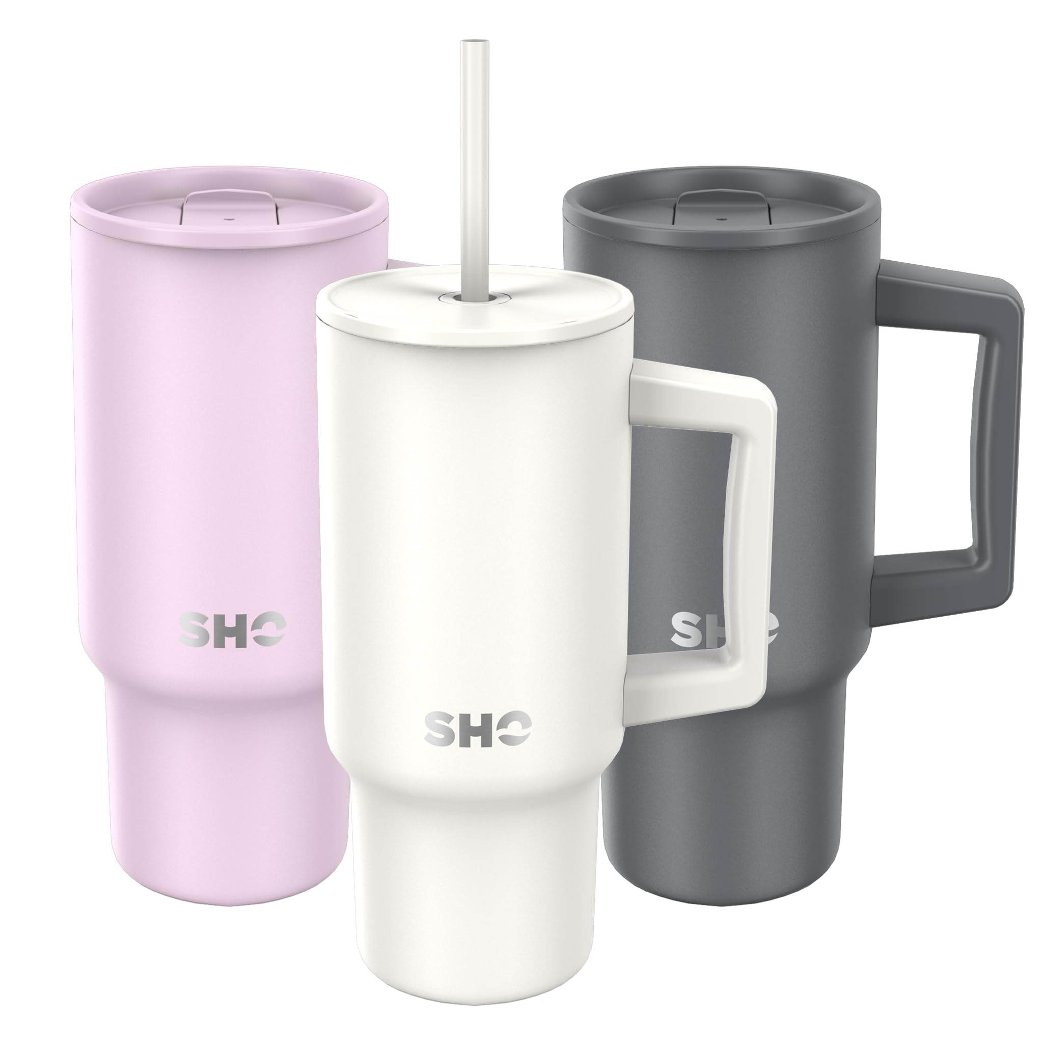 SHO XL Tumbler, Insulated Stainless Steel Reusable Water Bottle Iced Coffee Travel Mug with Handle, Straw Lid & Slider Lid