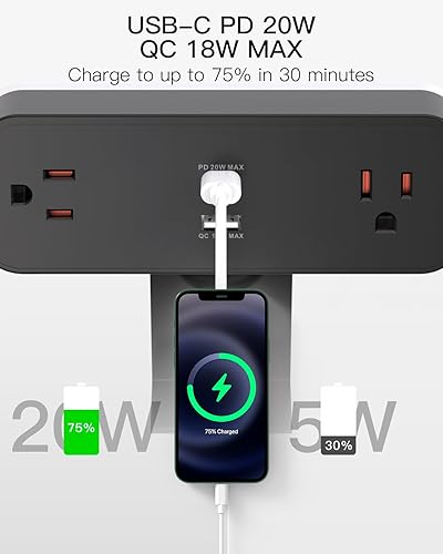 Miniatura 3 de Regleta de alimentación con abrazadera de escritorio, cable de extensión de enchufe plano de 10 pies con USB C, 2 tomas, protector de sobretensiones
