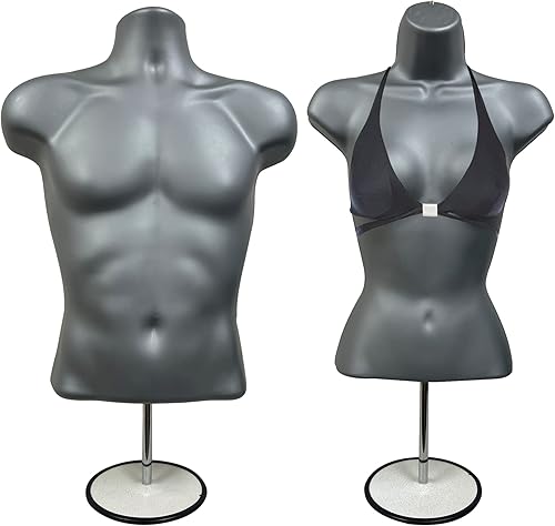 DisplayTown Torso de maniquí masculino y femenino con soporte de metal, cuerpo hueco en la espalda, forma de vestido apilable para exhibición de