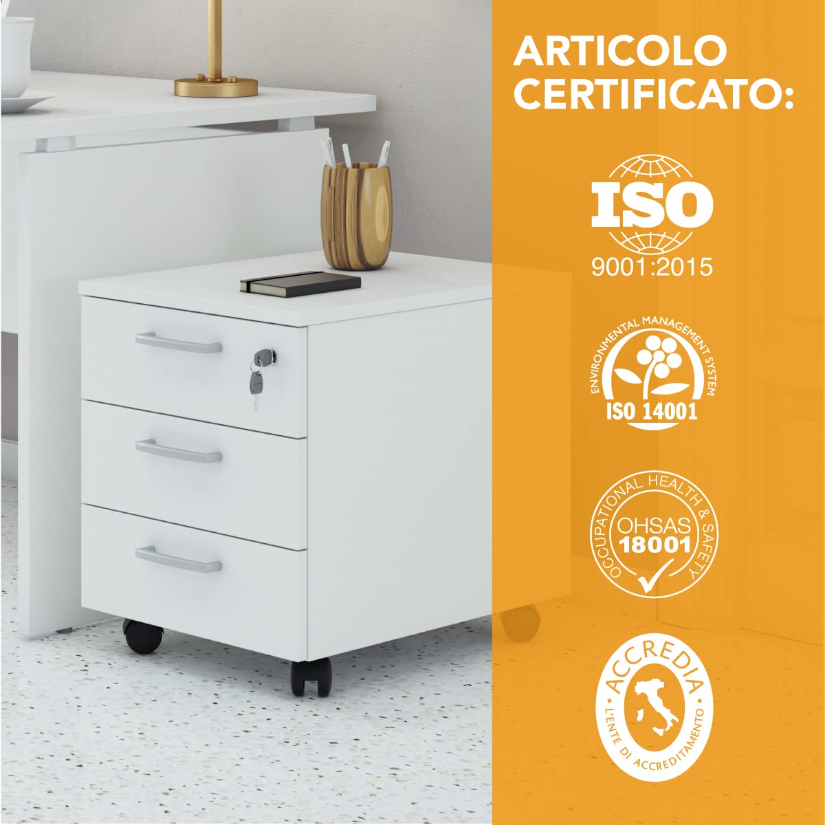 One Living Cassettiera da Ufficio con Rotelle, Tre Ampi Cassetti - Montaggio Facile - Elegante e Pratica Soluzione per Organizzare il Tuo Spazio di Lavoro (L 42 x P 56 x H 51 cm, Bianco)