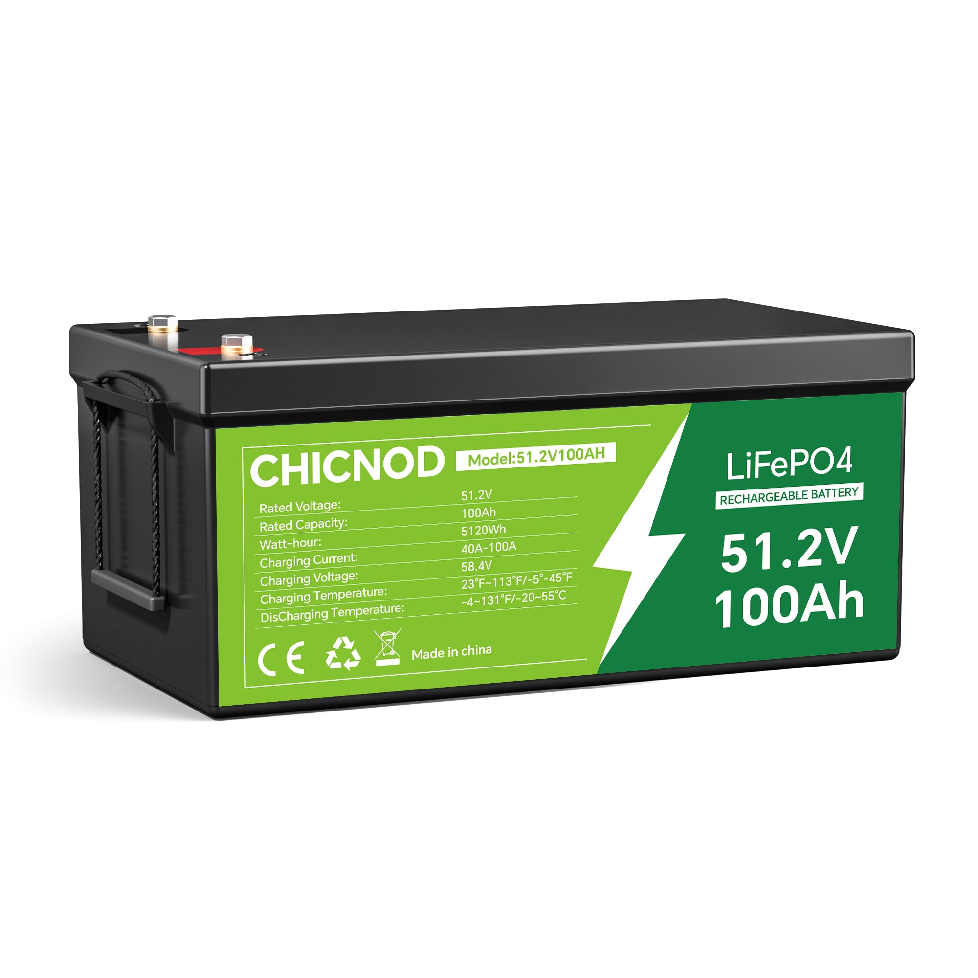 CHICNOD LiFePO4 battery dimensions: 20.47 inches length, 10.62 inches width, 8.66 inches height, and 98.54 lbs weight.