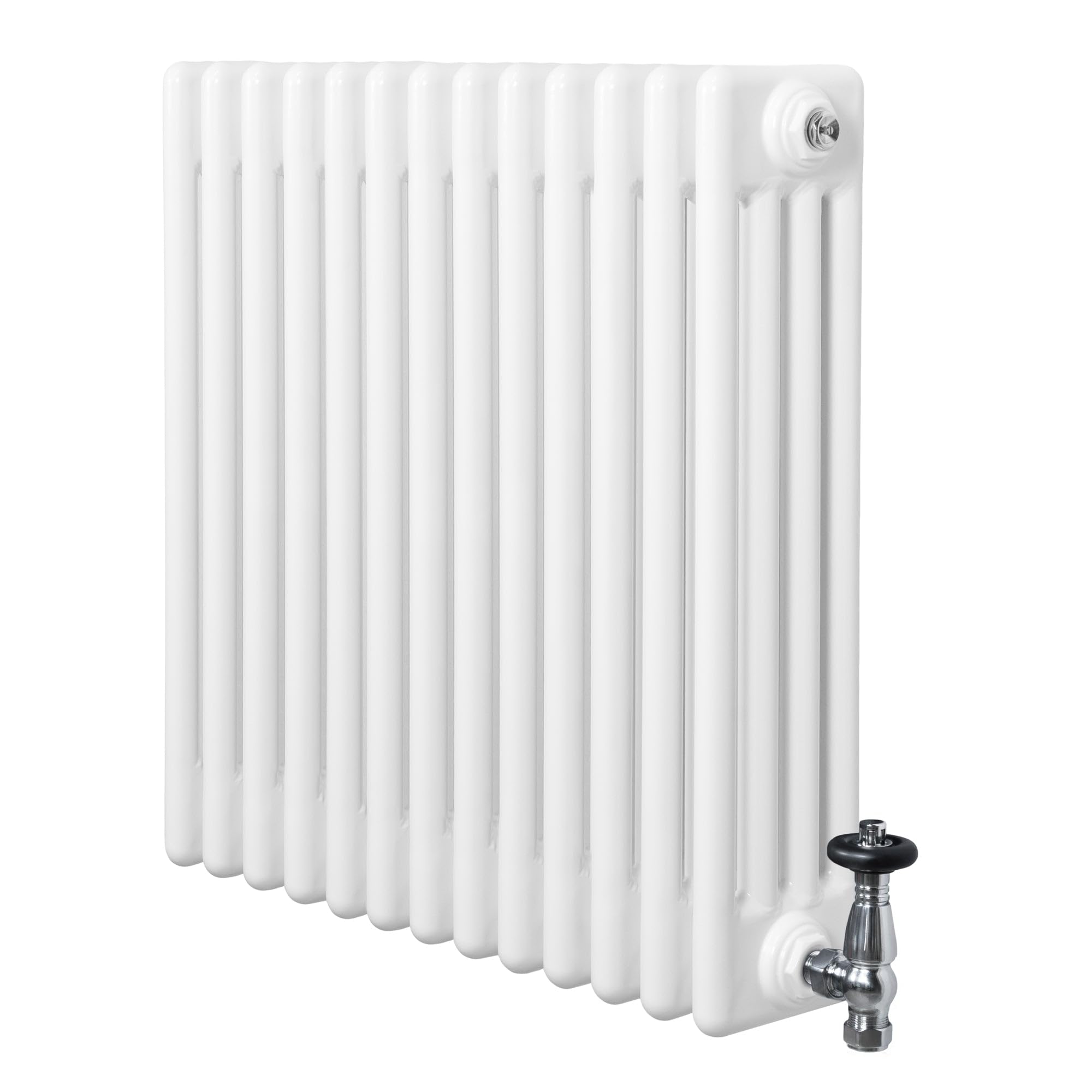 Traditional 4 Column Radiator 600mm x 605mm & TRV Chrome Valves Central Heating Heater White Carbon Steel Horizontal Wall Mounted Kitchen Living Room Cleaning Brush Fixing Kit & Brackets