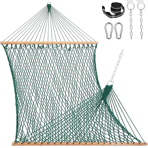 Image of Lazy Daze Hammocks 12FT Double Rope Hammocks, 2 Person Hand Woven Cotton Hammock with Spreader Bar for Outside, Patio, Poolside, FIT 13-15 FT Stand, Max 450 Lbs, Green, 141 x 57 inches