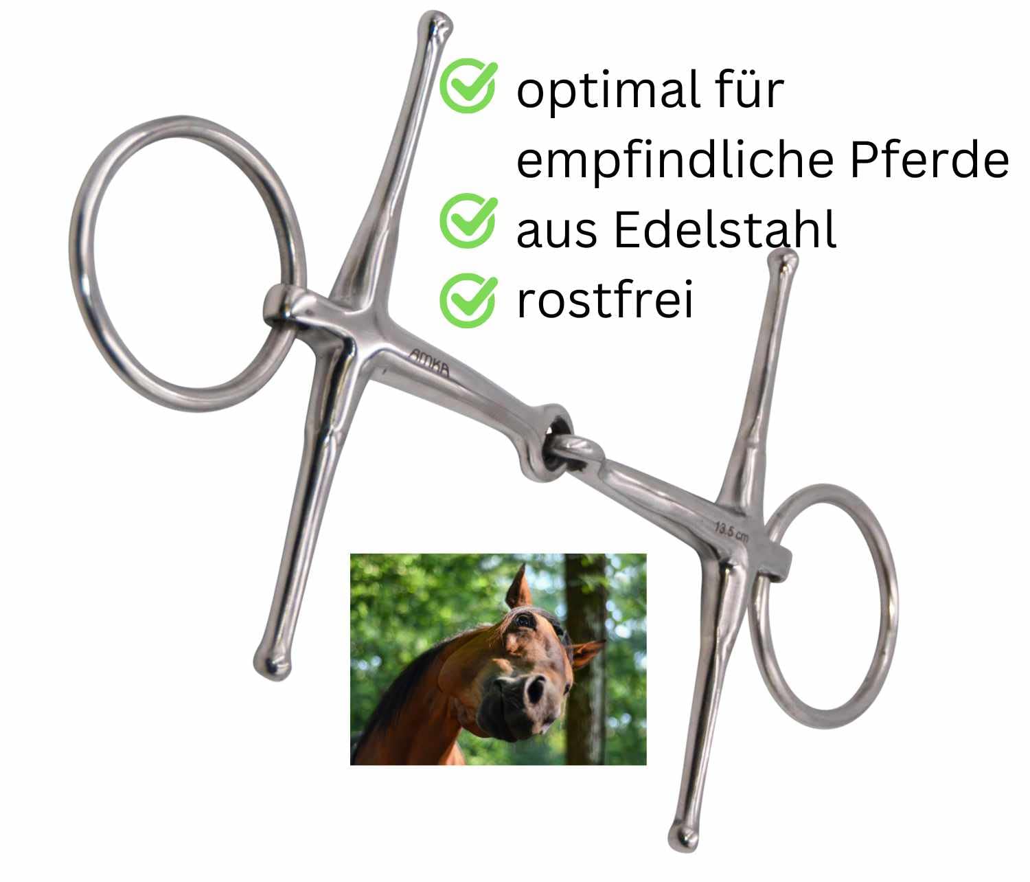 AMKA Knebeltrense Schenkeltrense Fulmer Trense einfach gebrochen Edelstahl massiv Stärke 15 mm Ringe 55 mm
