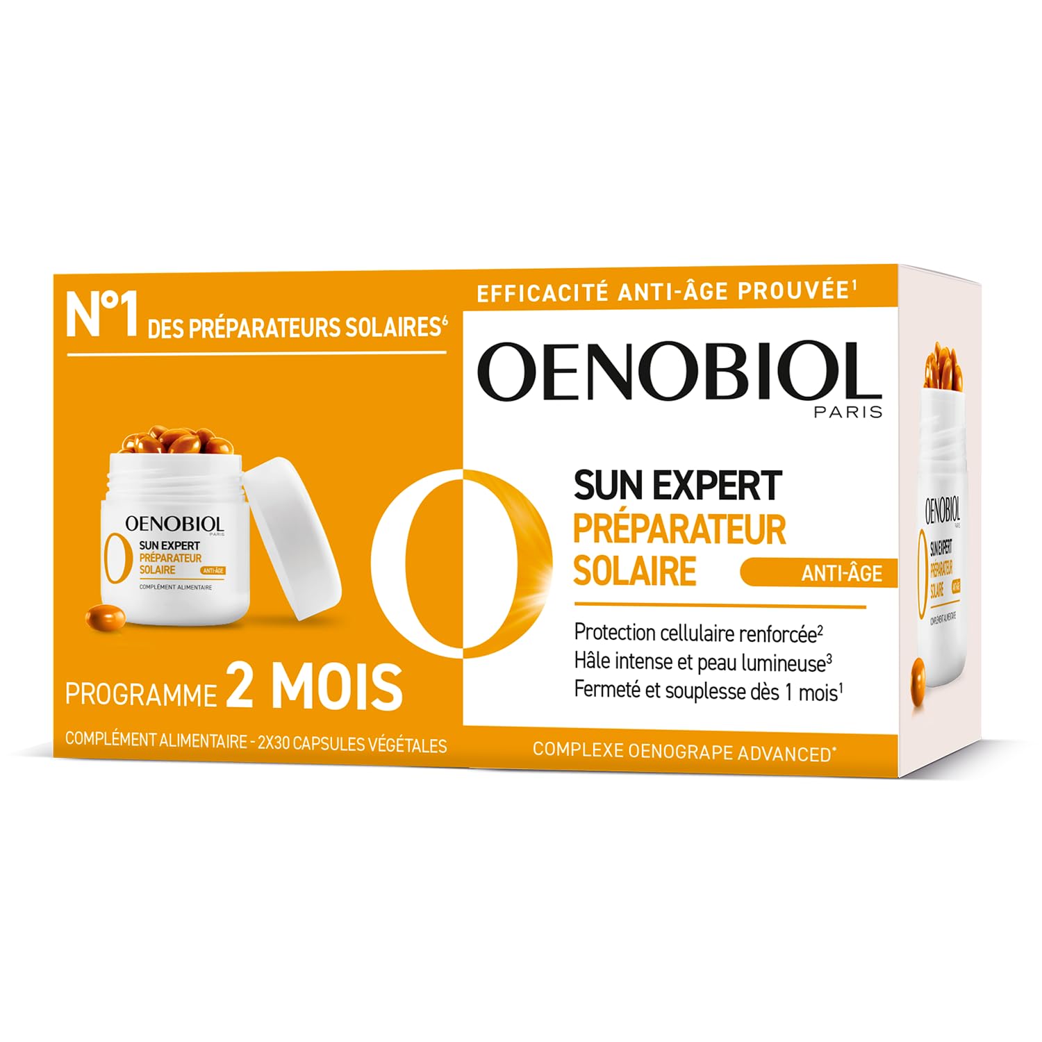 OENOBIOL SUN EXPERT Préparateur Solaire Anti-​Âge - Efficacité Anti-​Âge prouvée - Protection cellulaire renforcée - Favorise un hâle intense, éclatant - Complément Alimentaire 2x30 capsules - 2 mois