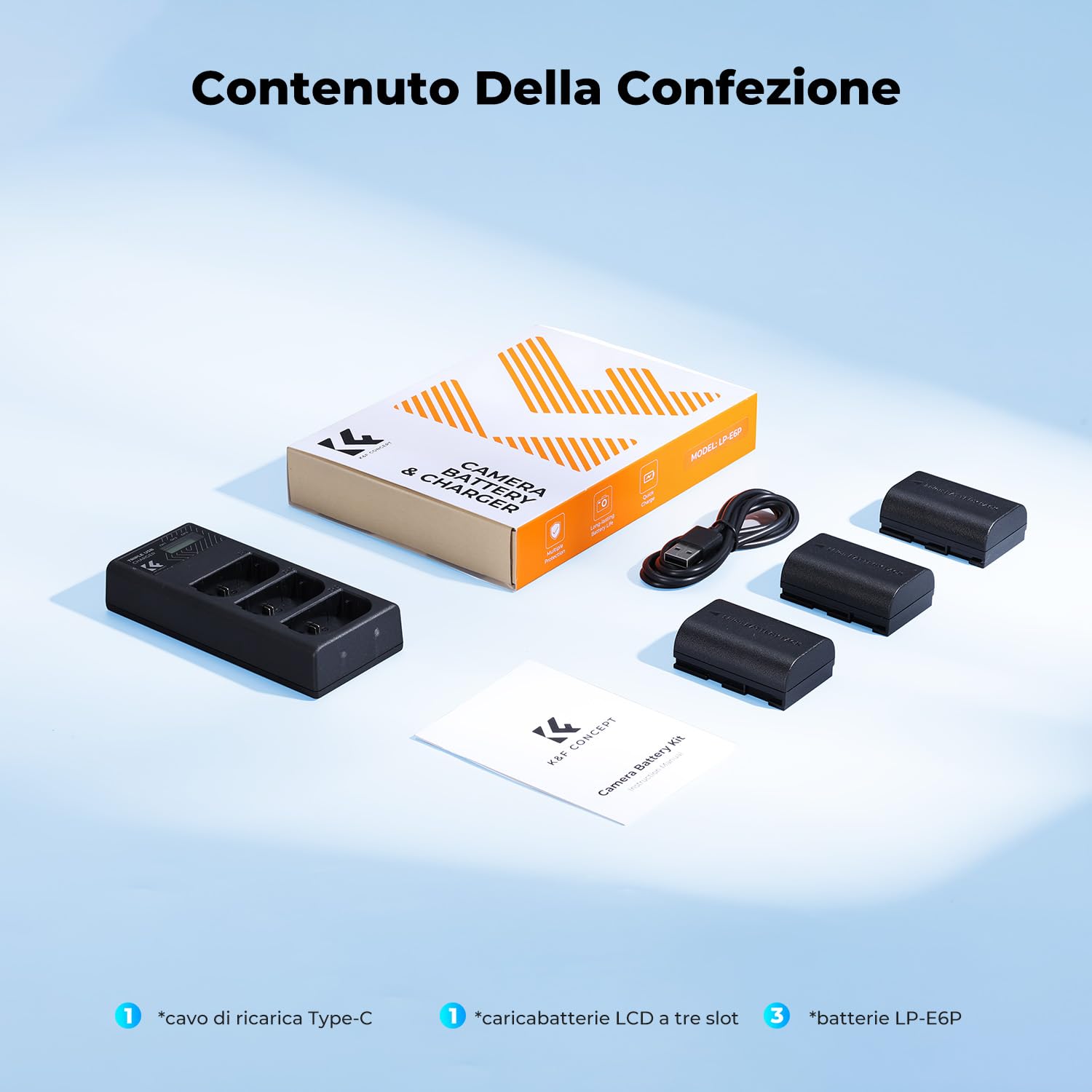 K&F CONCEPT caricabatterie triplo per batterie LP-E6P da 2400 mAh, compatibile con le fotocamere R6 Mark II/III, R5 Mark II, C50, R5, R6, R7, 5D, 6D e 7D Mark II