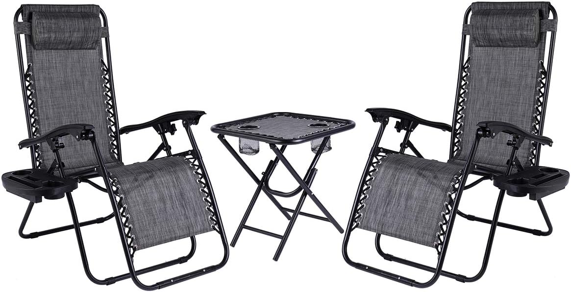 Set of 2 Adjustable Folding Steel Mesh Zero Gravity Lounge Chair Recliners w/Pillows and Cup Holder Trays, Pool Side Outdoor Yard Beach
