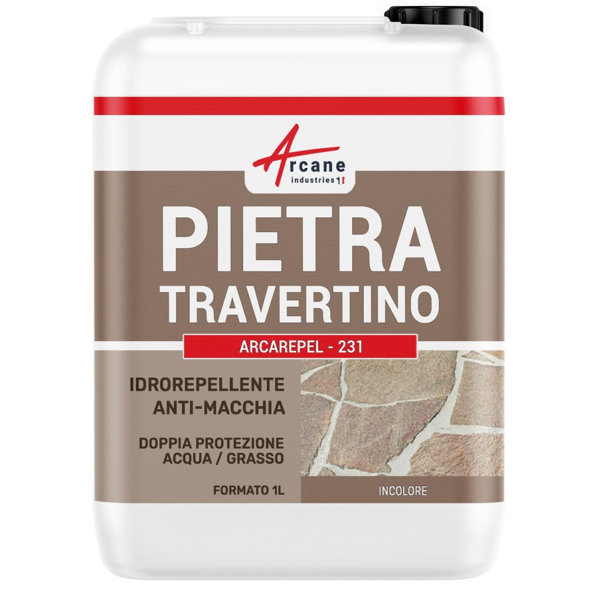 Idrorepellente per travertino esterno e per pietre naturali, trattamento antimacchia ARCAREPEL - 231-1 L (fino a 5 m²) - ARCANE INDUSTRIES