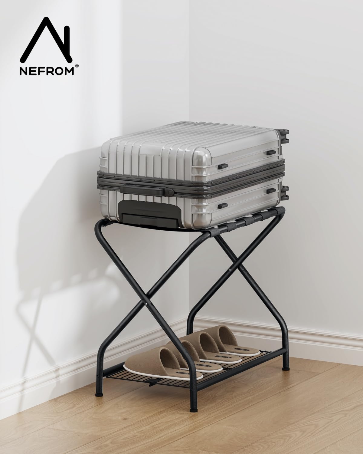 Portaequipajes, soporte para maleta con estante de almacenamiento, soporte de equipaje de metal plegable para habitación de invitados, dormitorio, hotel LR-BK-1