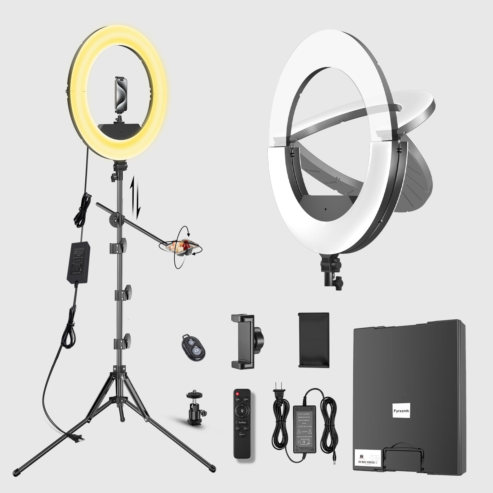 Anillo de luz de 18 pulgadas con soporte, luz LED de 55 W 6700 K, trípode de 63 pulgadas, soporte de teléfono ajustable multiángulo, para teléfonos iPhone y Android, CRI95, adecuado para