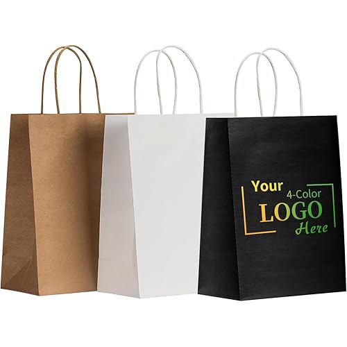 RACETOP 200 PCS Custom Kraft Paper Bags with Logo for Small Business, 8x4.5x10.8 Inch Medium Size, Personalized Gift Bags, Brown Shopping Paper bag with Handle, White Goodie Bag