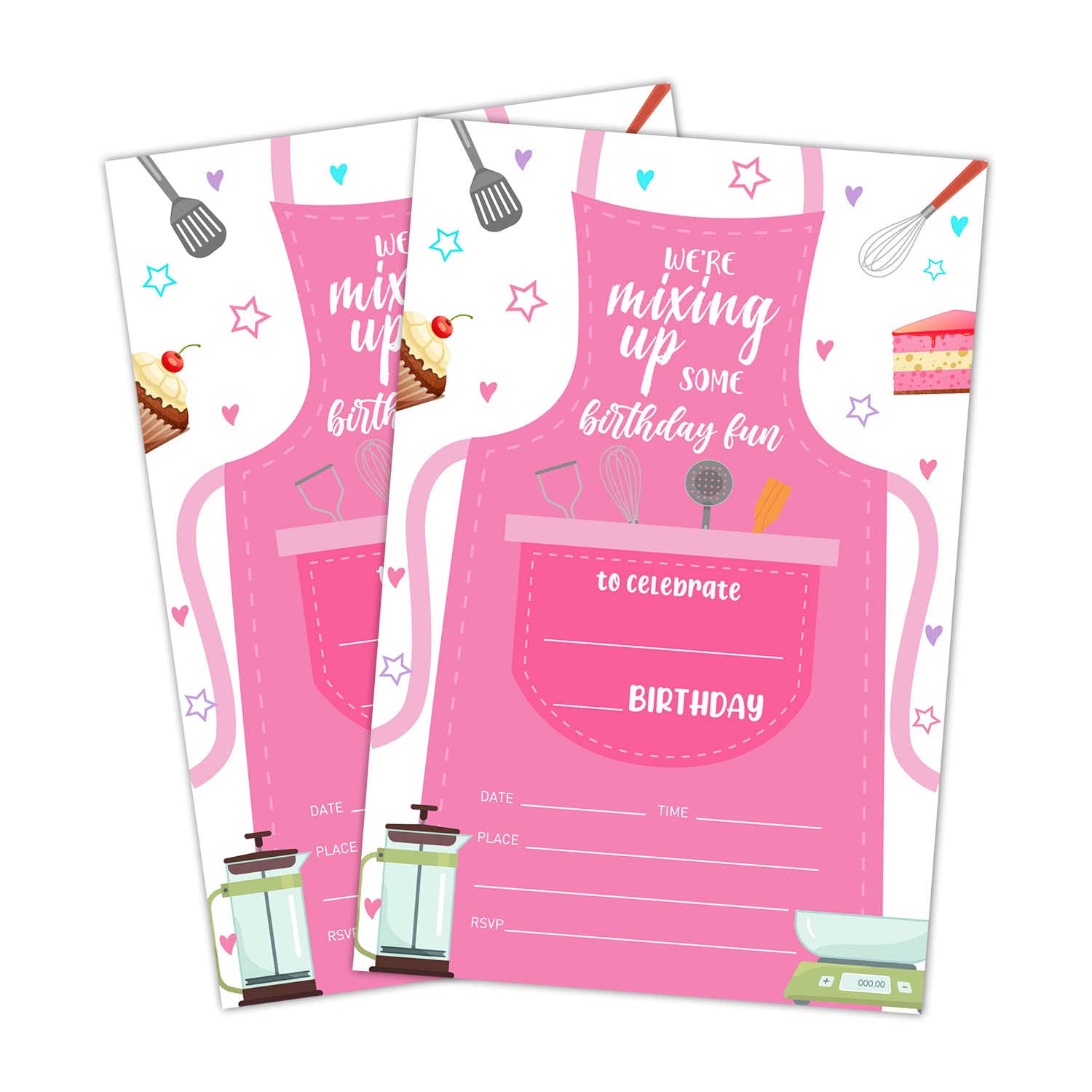 LWBEO Cooking Birthday Invitation Cards, Kitchen Baking Party Invites, Kids Happy Birthday Party Decorations Supplies, 20 Fill-in Cards with Envelopes for Boys or Girls Party Celebration - B28