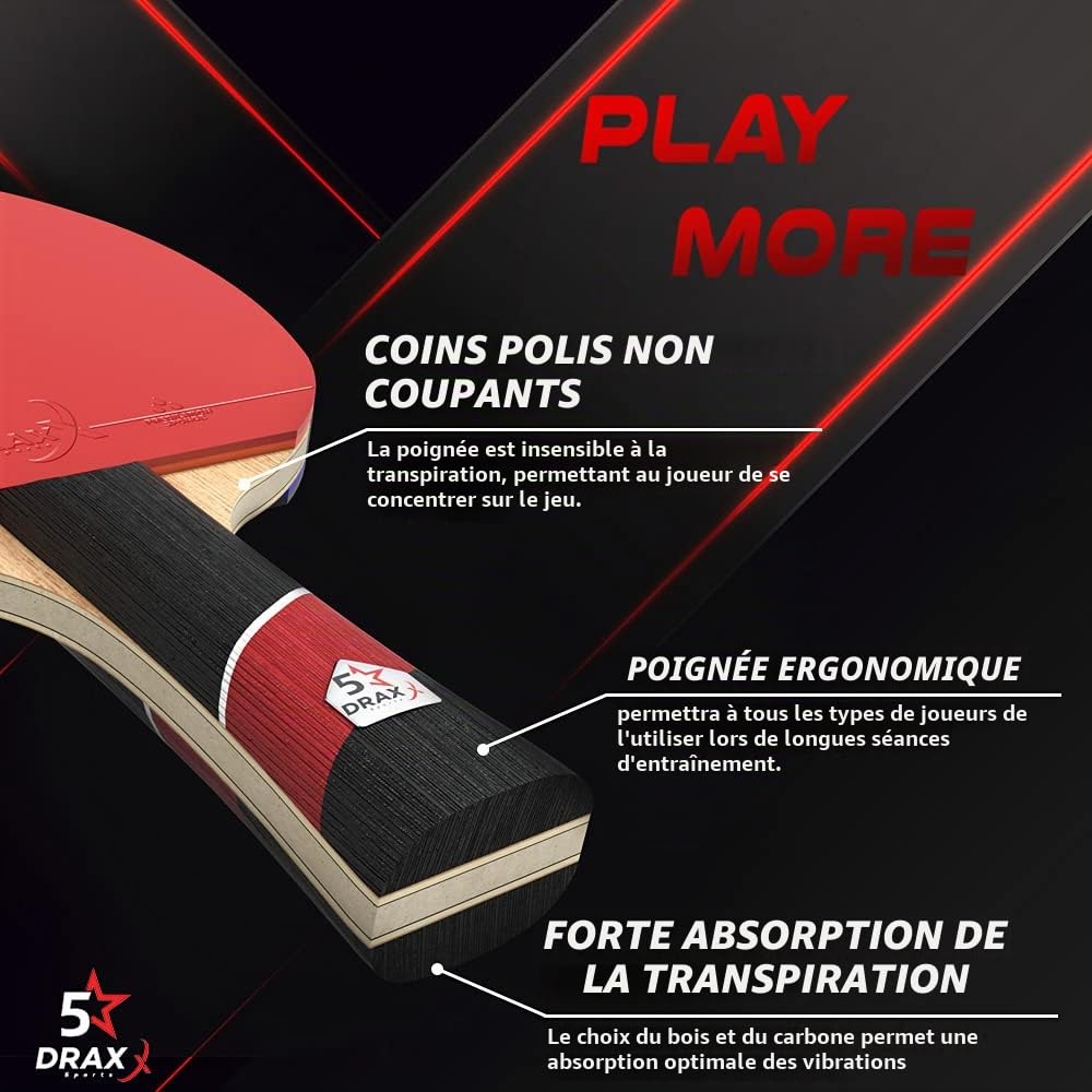 Raquette de Ping-Pong Carbone 5 Étoiles, Éponge 2mm, Effets Faciles, Légère et Rapide | Entraînement Compétition Club Loisir