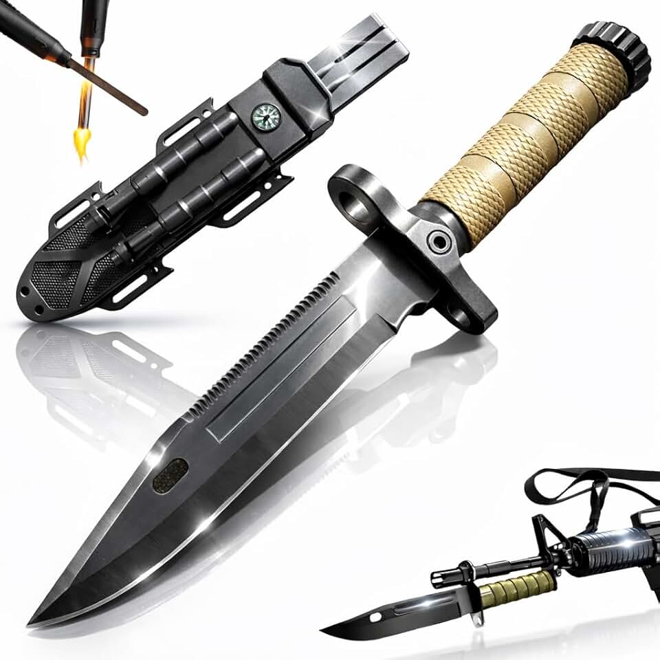 Faca Tática de Sobrevivência – Lâmina Afiada, Pederneira, Bússola, Apito de Emergência + Bainha Tática para Camping, Trilhas e Aventura