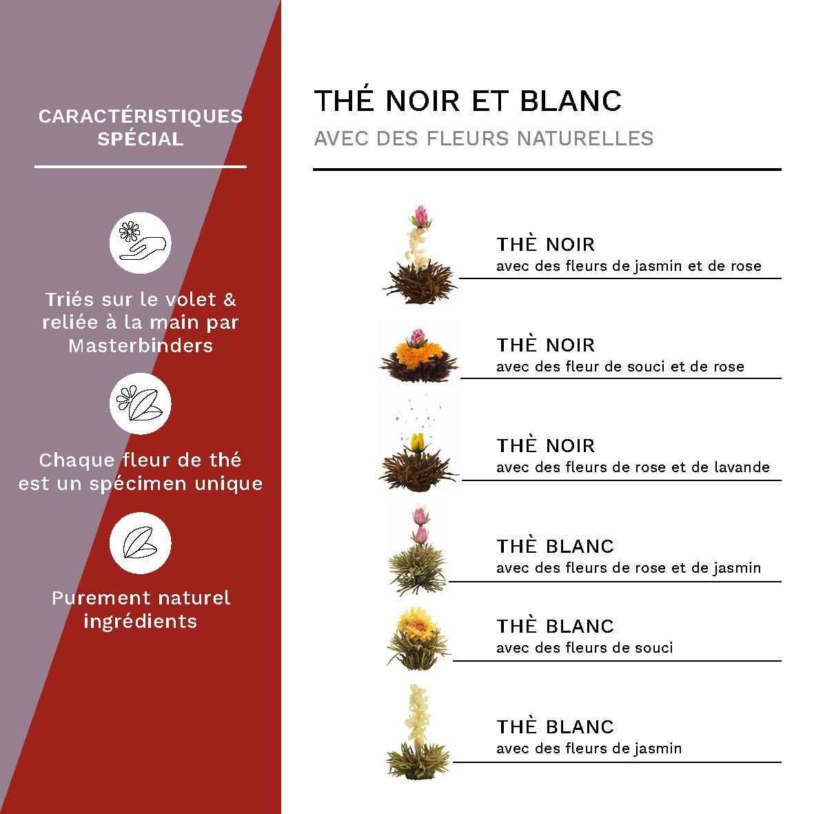Creano Coffret Cadeau Fleurs de Thé Mix 6 pcs – Théière en Verre 500ml sans goutte – 3x Thé Noir & 3x Thé Blanc – Idée Cadeau Femme, Maman, Anniversaire