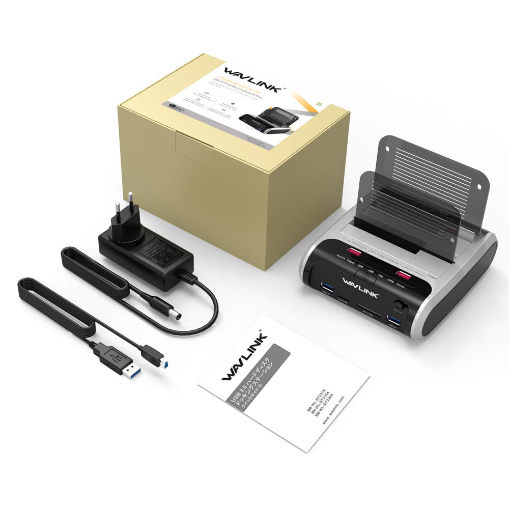 Festplatten Dockingstation, WAVLINK USB Festplatten Docking Station Offline Klonfunktion für 2,5 Zoll & 3,5 Zoll SATA HDD SSD, Unterstützt TF & SD Karte und USB-Aufladung