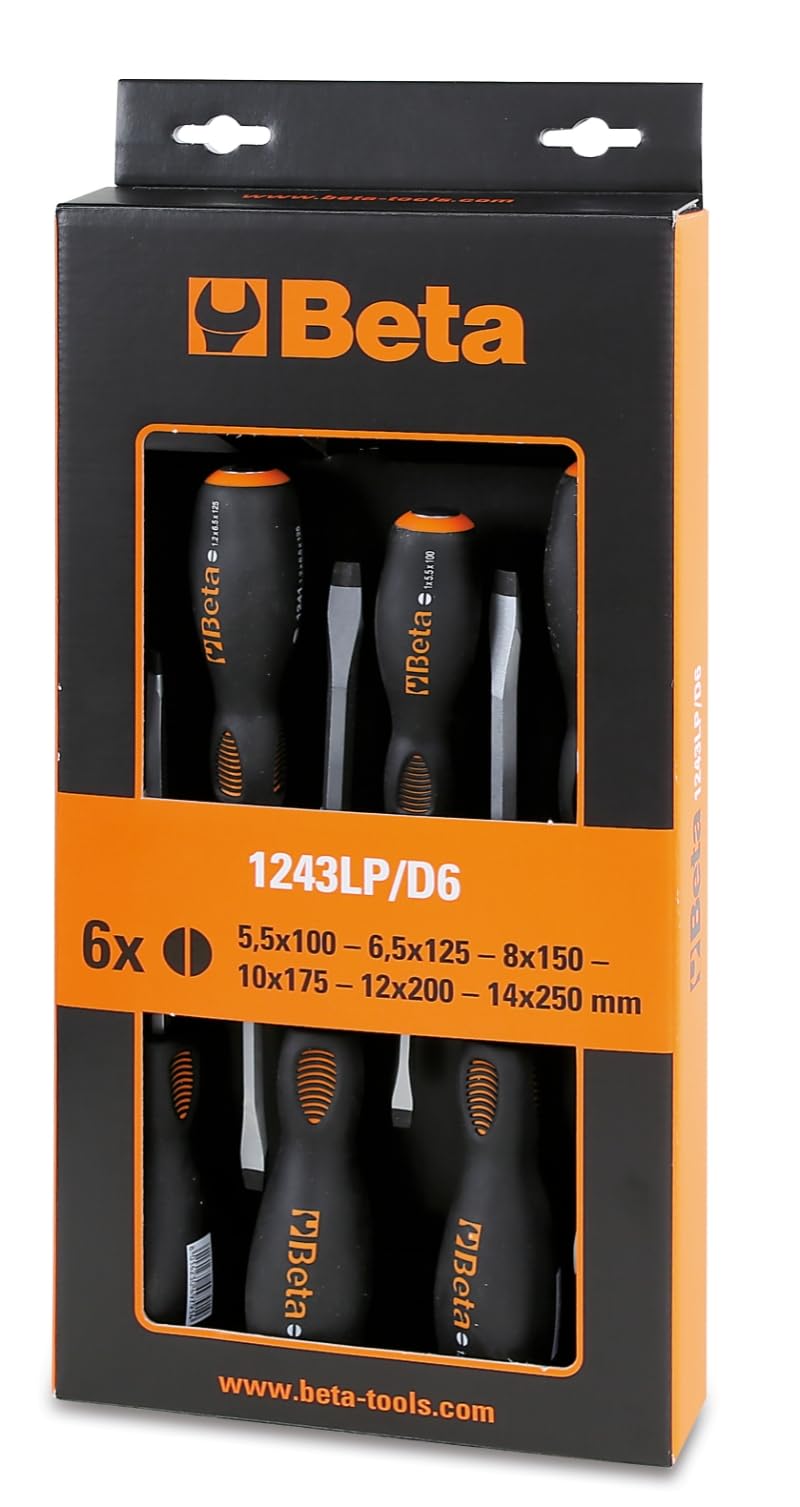 Beta 1243LP/D6 – Set 6 Giraviti a Battere Intaglio, Impugnatura Bi-materiale, Lama Esagonale Passante, Battente in Acciaio – Utensili Professionali