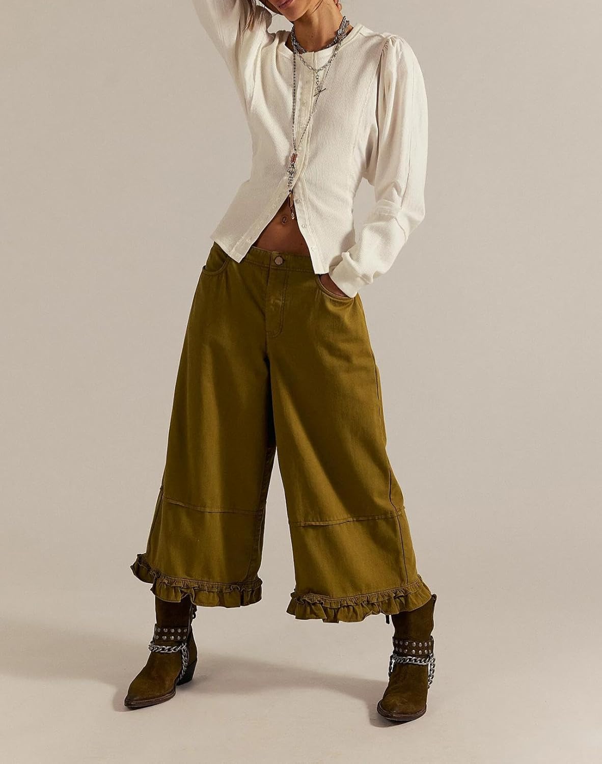 Wide Leg Jeans Woman Mid-Rise Cropped Baggy Jeans Elastic Waisted Loose Fit Cute Ruffle Hem Denim Pants with Pockets - Image 2