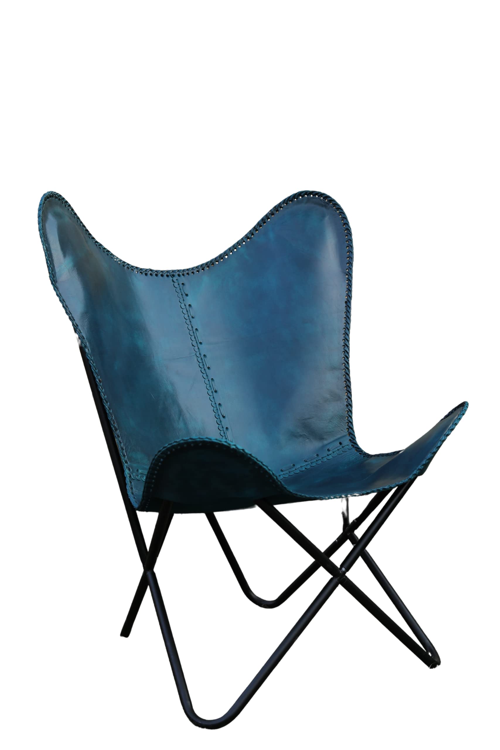 LEATHER JACKSON Brown Butterfly Chair for Relaxing with Folding Iron Frame Vintage Chair Home Décor Genuine Blue Leather Butterfly Chair Handmade Leather Living Room (Ocean Blue)