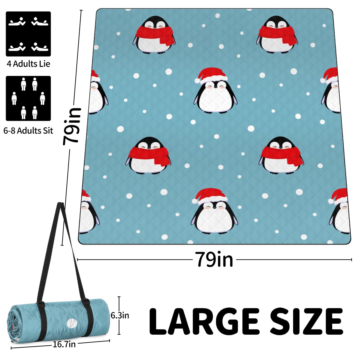 Shimoshe Extra Large Picnic Blankets 79”x 79”, Snowflake Christmas Penguin Waterproof Foldable Picnic Mat with Straps Portable Beach Blanket for Camping Park Grass Beach Indoor