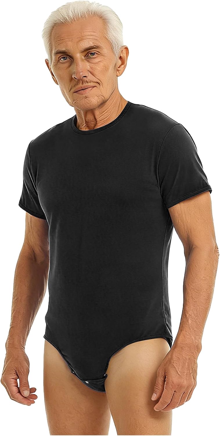 Men's Round Neck Short Sleeve Button Crotch Leotard One Piece Bodysuit Jumpsuit Adaptive Clothing