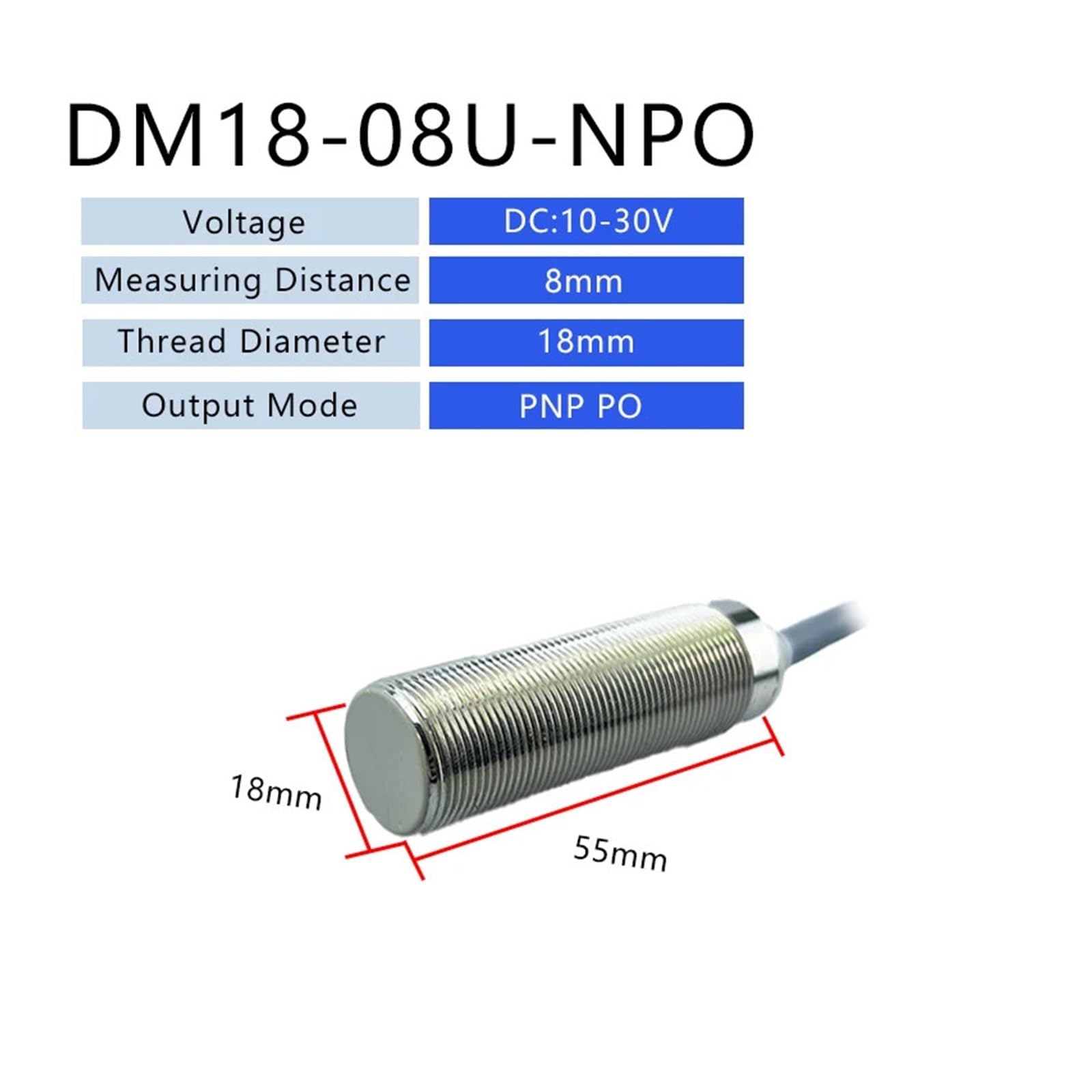 Indukcyjny czujnik zbliżeniowy serii M8/M12/M18 Odległość wykrywania odległości 2 mm 4 8 bez drutu A 6-36 V NPN PNP(DM18-08U-NPO)