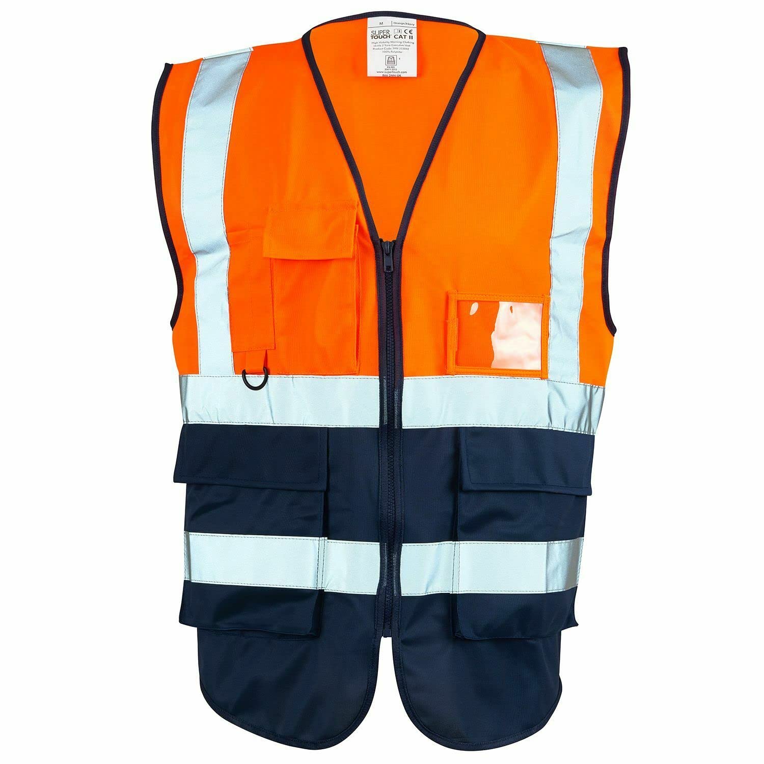 Hi Viz Executive Vests - Zip Fastening High Visibility Reflective Protective Safety Work Tops - Hi Vis Security Workwear Waterproof Vests (Orange/Navy, 3X-Large)