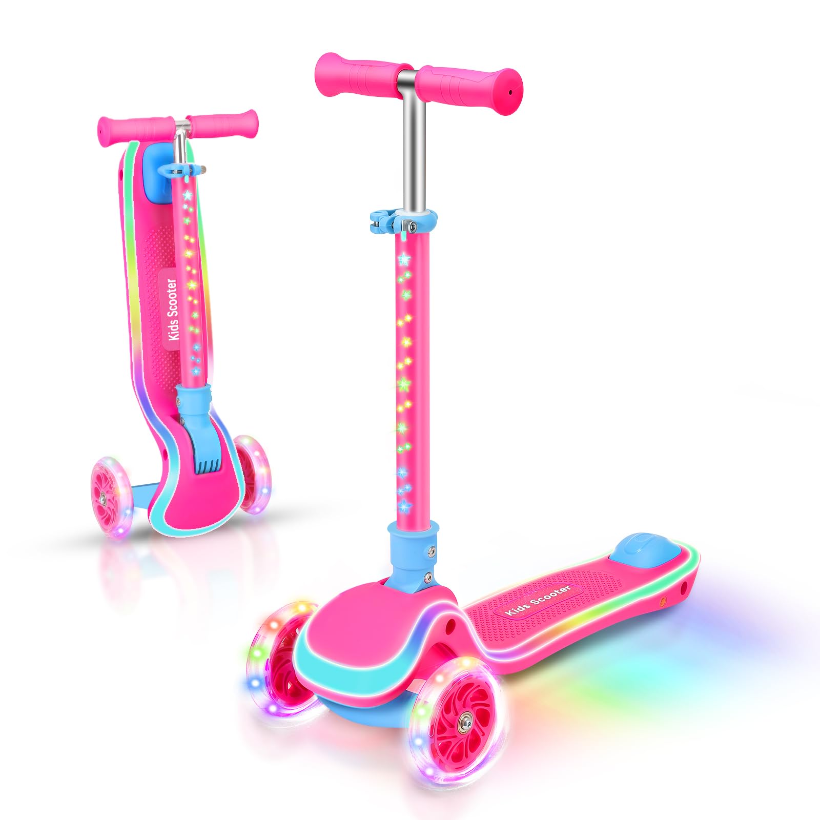 Trotinette Enfant 3 Roues de 2 à 10 Ans, Trottinette avec Siège 2 en 1, Trottinette Pliable avec Guidon Réglage en Hauteur et Roues LED, Scooter Antidérapant pour Filles et Garçons