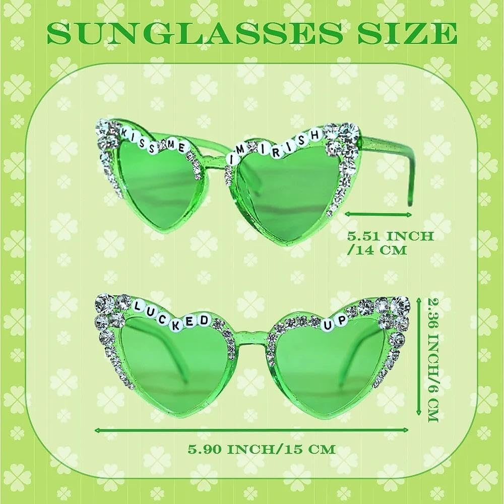 2 PCS St.Patrick's Day Sunglasses Kiss Me I'm Irish Glasses Green Heart Shaped Lucky Sunglasses Rhinestone Saint Patricks Accessories