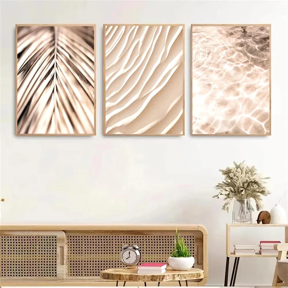 CLJKDX Abstract Palm Leaf Beige Poster Painting Nordic Beach Print Wave Wall Art Poster Painting Living Room Kitchen Office Home Decoration-40 * 60cm*3PCS (No Frame)