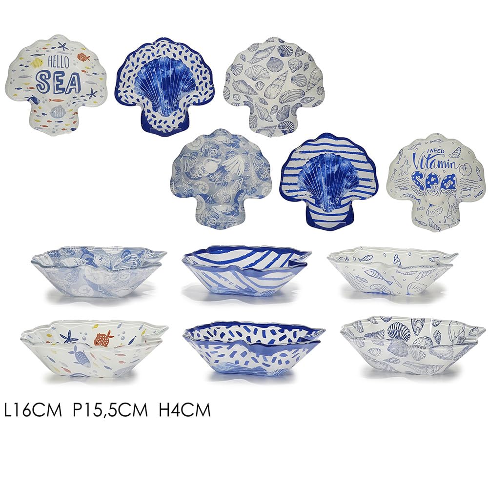 Set 6 Ciotole a Forma di Conchiglia in Vetro Piatti per Aperitivo e Buffet Tema Mare 6 Fantasie Assortite Blu e Bianco L16xP15,5xH4 cm Ideale per antipastiere Tavola Elegante professionali Horeca