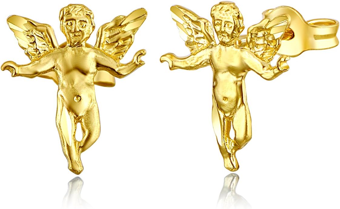 14k REAL Yellow Gold Fancy Angel Stud Earrings (8 x 11 mm)